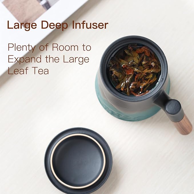 ZENS Tea Mug with Infuser and Lid for Loose Leaf Tea Steeper, 15oz Green | Embossed Ceramic Tea Cup with Infuser for Herbal Tea Difussers, Tea Lovers Gifts, Nature Wood Handle