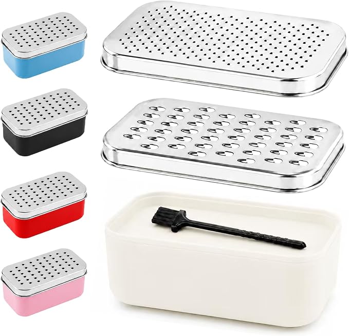 Cheese Grater with Storage Container, Box Grater Stainless Steel for Vegetables, Cheese Shredder 2 Sharp Blades for Fine & Coarse, Non-Slip Base, Lemon Zester, Includes Cleaning Brush (White)