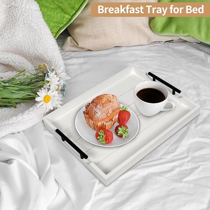 SXNOWS Wood Serving Tray with 2 Sets of Handles,White | Rectangle 16.5x13 Inch Ottoman Decorative Tray Platter for Coffee Table Living Room Bar Breakfast in Bed, 4 Coasters Included