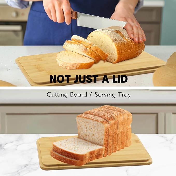 Bread Box with Bamboo Cutting Board Lid, Metal Bread Box for Kitchen Counter, Small Bread Storage Container, Cream Bread bin for Kitchen Countertop