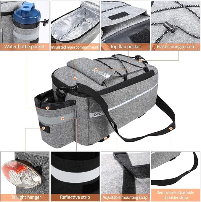 Lixada Bike Panniers Bike Trunk Bag Insulated Bag for Warm/Cool Items, Bicycle Rear Rack Storage Luggage Bicycle Seat Multifunctional Insulated Trunk Cooler Bag Shoulder Bag 11.4 6.3 6.7in