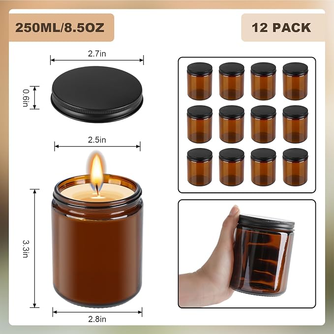 Goiio 12 Pack Amber Glass Jars, 8 Oz Thick Amber Round Glass Jars | with Black Metal Lids, for Spice, Sample, Leakproof and Dishwasher Safe