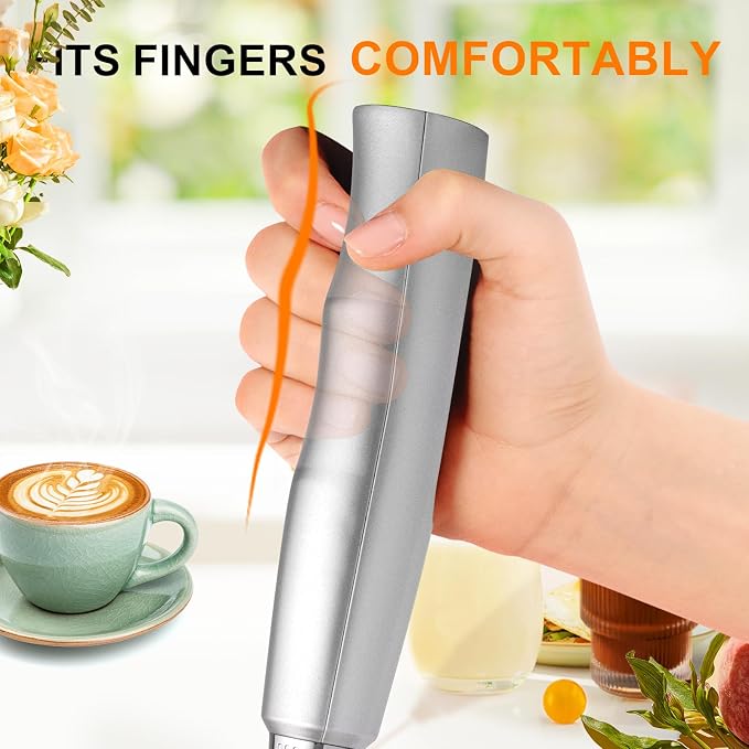 YUSWKO Handheld Milk Frother Wand for Coffee, Rechargeable Electric Whisk with 3 Heads 3 Speeds Drink Mixer Coffee Frother For Latte, Cappuccino, Hot Chocolate, Egg, Silver with Holder