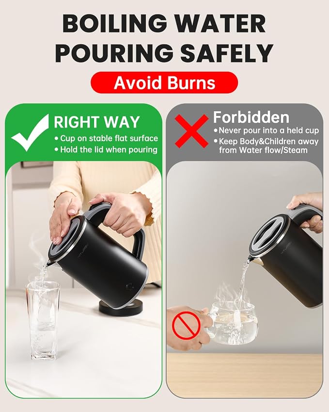 Small Kettle Electric, 0.8L Double Wall Portable Travel Kettle with 304 Stainless Steel, 600W Mini Hot Water Boiler with Auto Shut-off, Fast Boil, BPA-Free