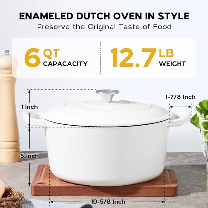 Onader 6 Quart Dutch Oven Pot with Lid, Enameled Cast Iron Round Dutch Oven for Sourdough Bread Baking - White