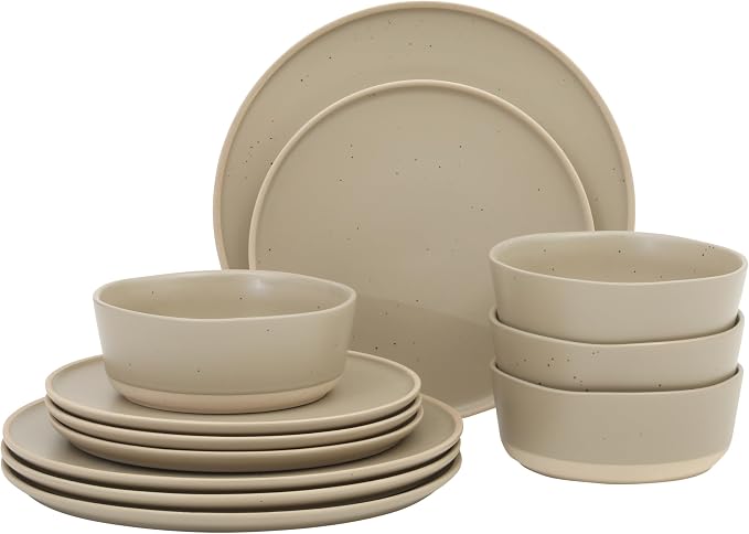 Gibson Elite Humphrey Lane 12 Piece (Service for 4) Plates and Bowls Reactive Glaze Dishes Stoneware Ceramic Dinnerware Set - Taupe