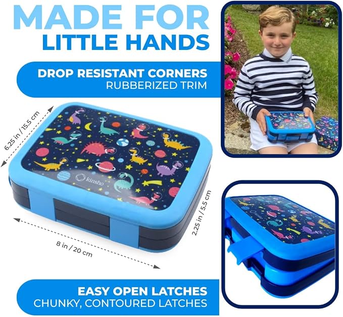 kinsho kids Bento Lunch Box Set with Thermo Bag & Ice Pack, Blue Space Dino | 4 Compartments, Removable Tray, Small Meal Dinosaur Snack Container for Boys Toddlers, Daycare & Pre-School, Steel Food Jar