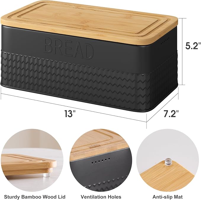 kiplant Black Bread Box for Kitchen Countertop, Large Bread Storage Container with Bamboo Lid, Iron Farmhouse Bread Box for Your House