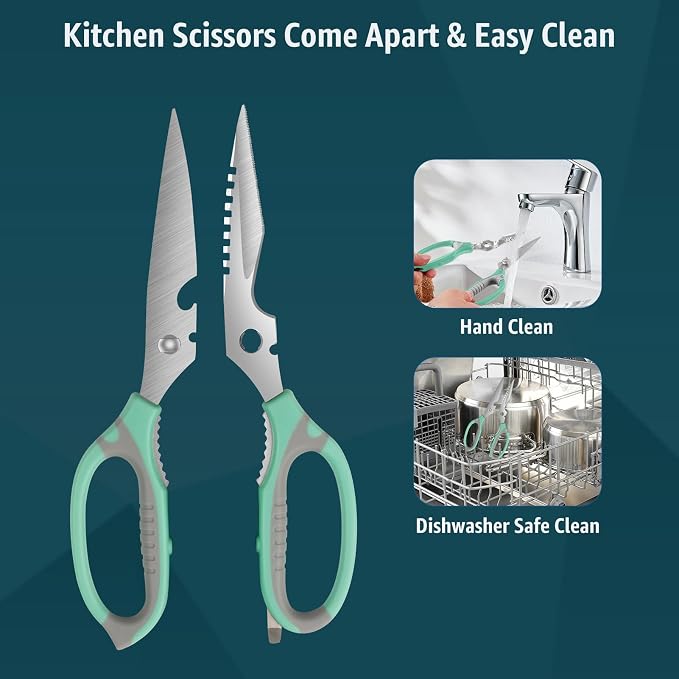 BoFuYuan Detachable Heavy Duty Kitchen Scissors for Food 9-Inch Green | Dishwasher Safe, Sharp Serrated Blade, Multifunctional, Ergonomic Non-Slip Handle, Multipurpose Cooking Food Cutting Shears