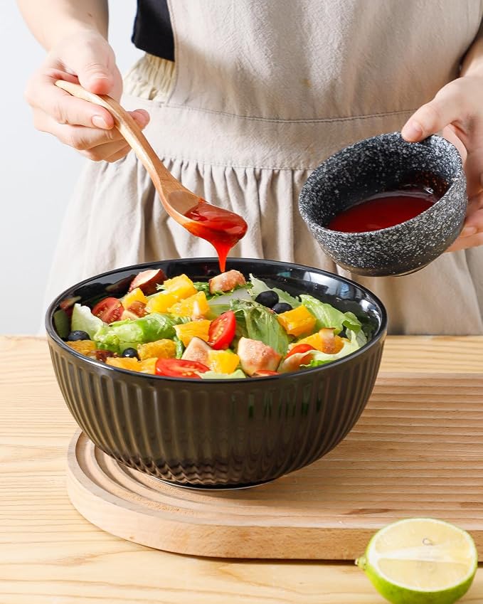 HASENSE Black Ribbed Porcelain Serving Bowls Set of 3 | 0.5/1/1.5 Qt Stackable Nesting Mixing Bowls, Large Prep Salad Pasta Fruit Bowls for Kitchen Baking Cooking Storage
