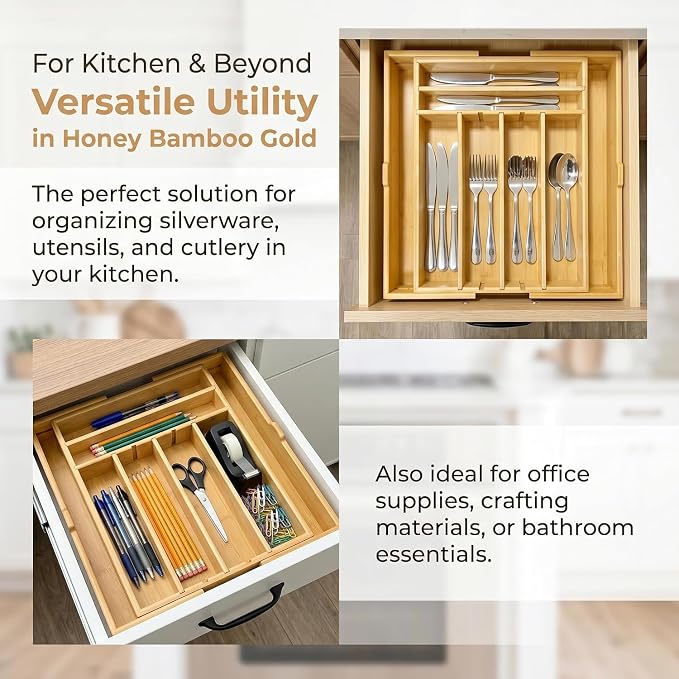 Bamboo Kitchen Silverware Drawer Organizer (DIY Slot, Natural) | Natural bamboo, Expandable 12.6"-20.3", 4 Removable dividers, 52 DIY layouts, Food safe, Bonus towel, No bending, no warping