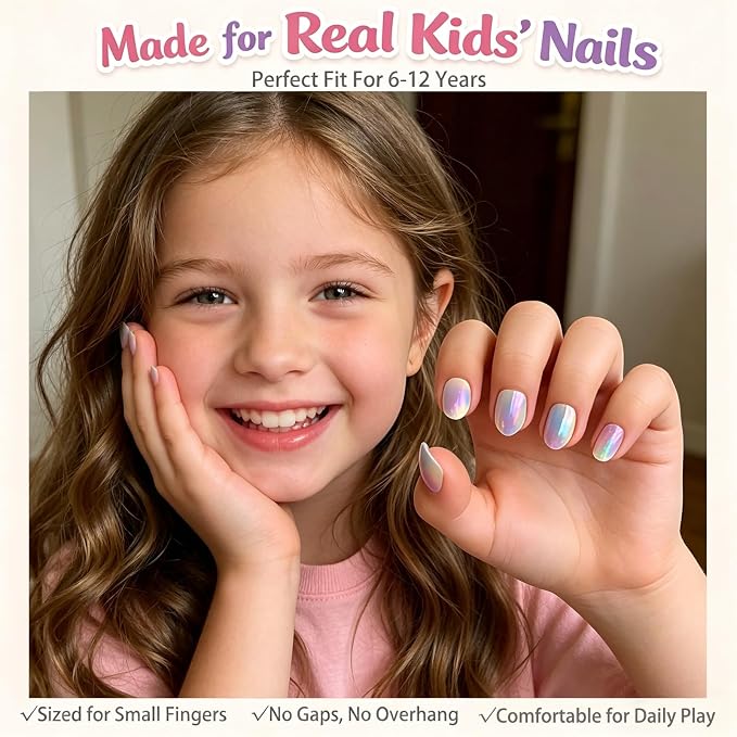 24pcs Press on Nails for Kids, Chorme Ombre Design for Teenager Girls 8-12 | Almond Kids Press on Nails, 12 Size, Non-Toxic, Fashion Nail Kit with Adhesive Tabs, Nail File for Christmas, Birthday, Party