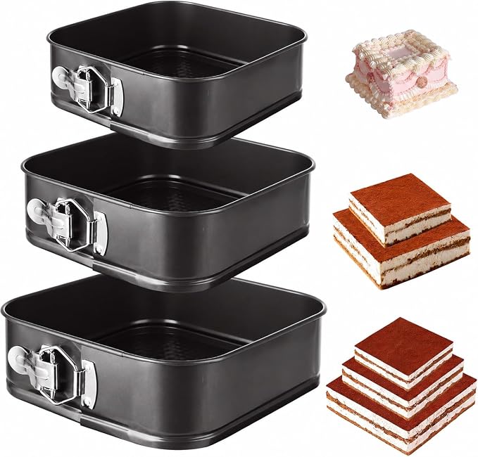 Square Springform Pan Set, 8/9/10 Inch, Nonstick | 3 Pack Cheesecake Pans with Removable Bottom, Carbon Steel Square Cake Pans for Baking Cheesecake, Pizza, Quiche, Desserts