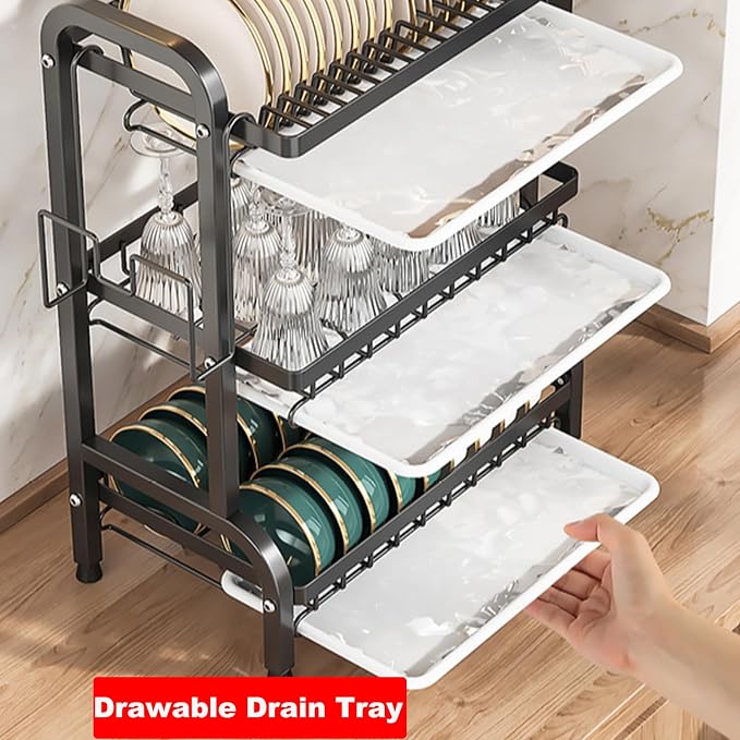Dish Drying Rack,Dish Racks Drainer,Keep Kitchen Sink Shlef Organized | Over The Sink Dish Drainer Drying Rack 3 Tier with Drain Tray,Chopsticks Rack,Knife Holder