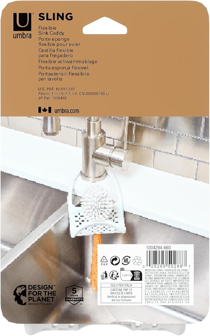 Umbra Sling Flexible Sink Caddy, Elastic Non-Slip Sponge Holder, White | Rubber material, perforated base for drainage, prevents moisture buildup, fits faucet necks, easy rinse clean