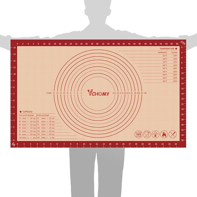Extra Large Silicone Pastry Mat for Counter Rolling Dough,26x16 Inch,0.75mm Thick,Non Slip Silicone Baking Mat with Measurement(26 x 16 In,Red)