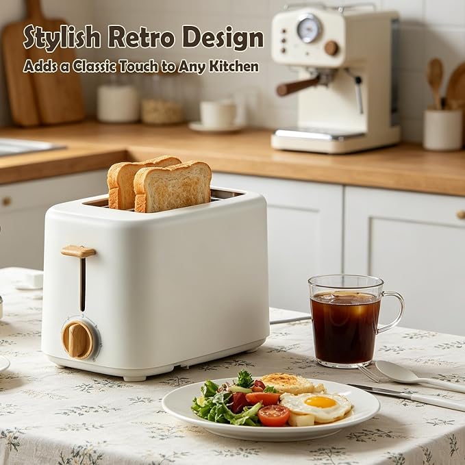 2 Slice Retro Toaster with Anti-dust Cover, 6 Browning Settings, Extra Wide Slots for Bagel & English Muffin, Removable Crumb Tray, Mini Household Bread Toaster