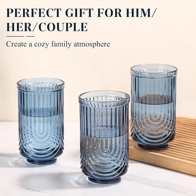Blue Vintage Drinking Glasses Set of 6-17oz Hand-Blown Highball Ribbed Glassware, Arch Design Cocktail Glasses for Whiskey Water Beverages Ice Coffee Juice Milk