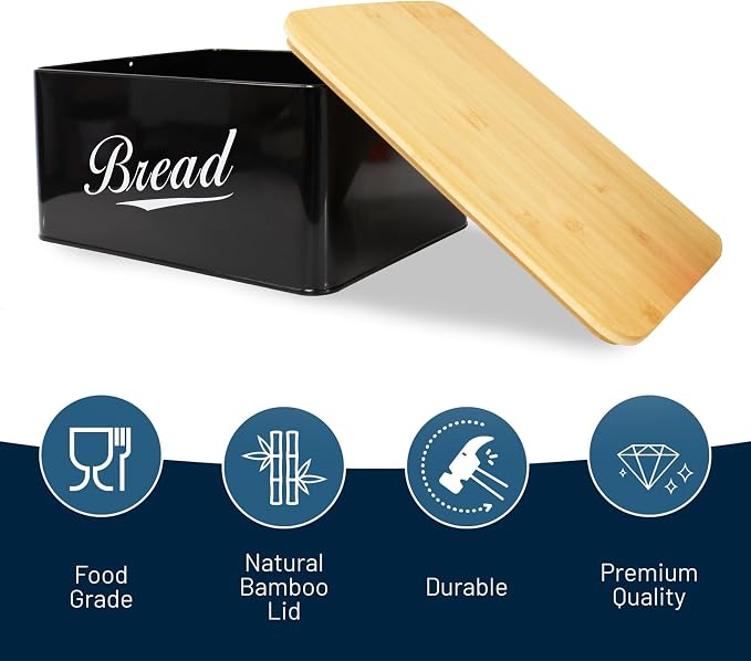 RoyalHouse Modern Metal Bread Box with Bamboo Cutting Board Lid | Bread Storage Container for Kitchen Counter, Vintage Kitchen Decor Organizer - Black
