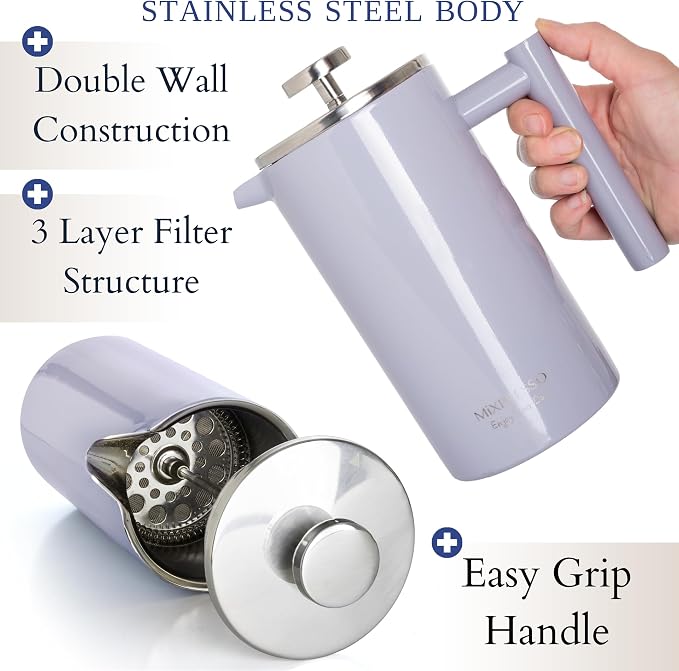 Mixpresso French Press Coffee Maker, 26 Oz Stainless Steel Coffee Press | Double wall insulated stainless steel French Press with durable filter for coffee or loose leaf tea, easy to press and clean