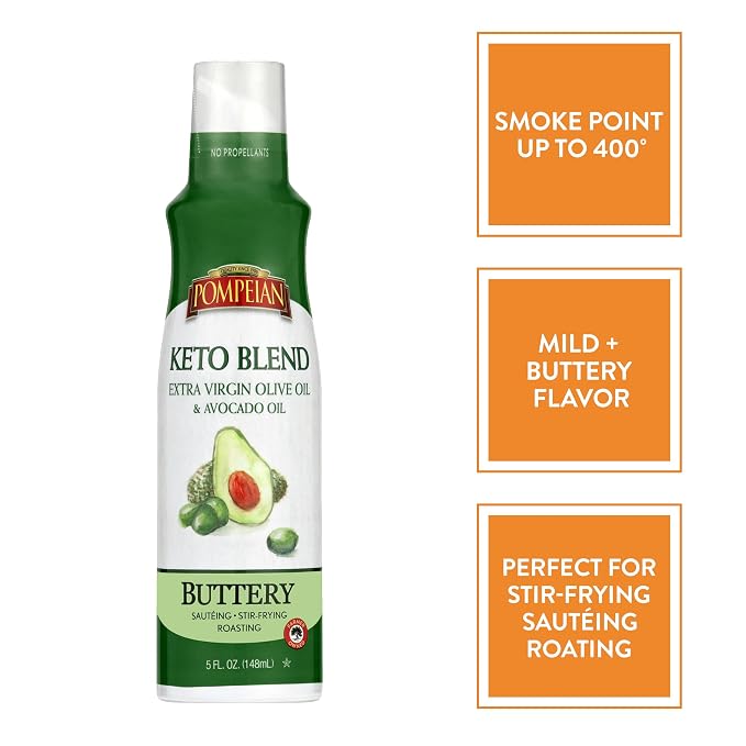 Pompeian Keto Extra Virgin Olive Oil & 100% Avocado Oil Cooking Spray, Buttery Flavor, Perfect for Sauteing, Stir-Frying, and Roasting, Naturally Gluten Free, Non-Allergenic, Non-GMO, No Propellants, 5 FL. OZ., Single Bottle