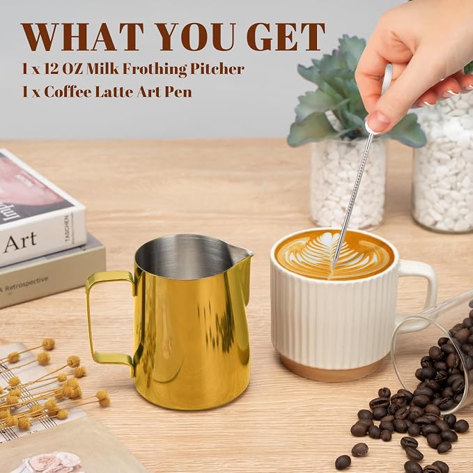 Amrules Milk Frothing Pitcher, 12 oz Milk Frother Cup with Clear Scale, 304 Stainless Steel Cappuccino Espresso Machine Accessories for Barista Coffee Bar with Latte Art Pen, Gold