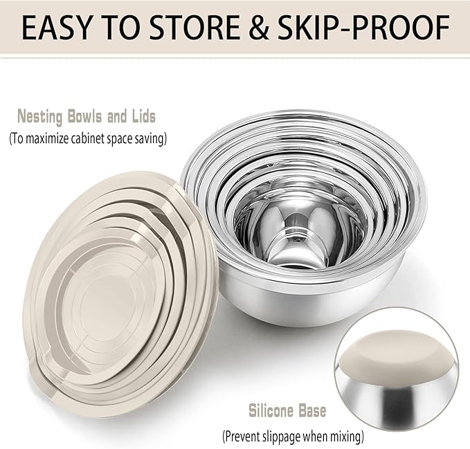 P&P CHEF Stainless Steel Mixing Bowls With Lids, Set of 6, Khaki | Salad Nesting Mixing Bowls & Fitting Lids & Non-Slip Silicone Bottom, Ideal for Mixing, Storing, Size 0.7/1/1.5/2.5/3/4.6 Qt