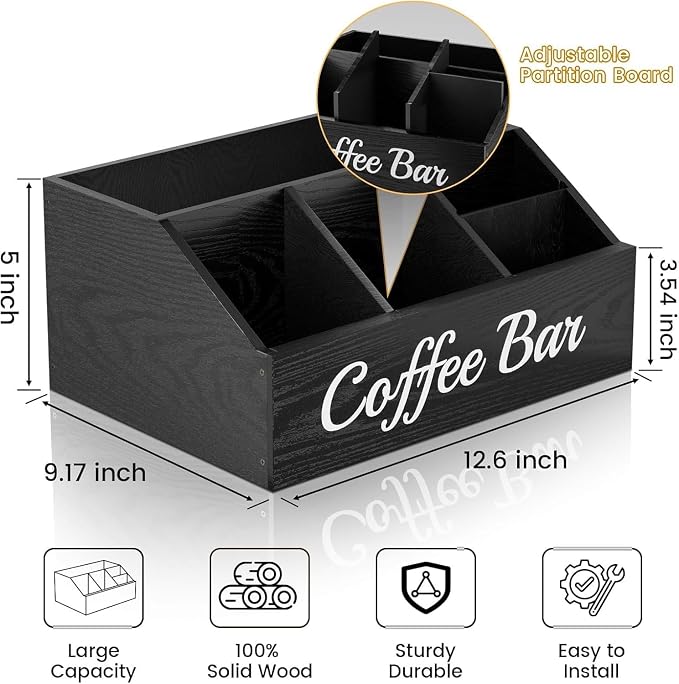 2 Pack Coffee Station Organizer for Countertop – Wooden Coffee Bar Organizer with Adjustable Dividers,Holds K Cup Pod & syrup bottles, for Kitchen, Office, or Bar and Tea Station, Black