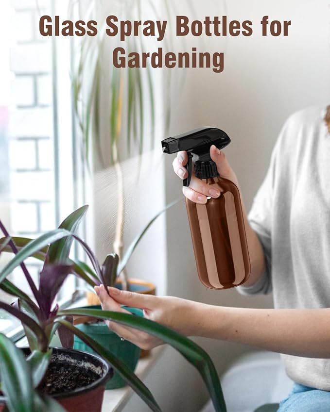 Bontip Glass Spray Bottle 16 oz for Cleaning, Plants (2 Pack, Amber) | Refillable spray bottle Set, BPA-free eco glass, With labels and funnel, Great for cleaners, plant misting, hair care