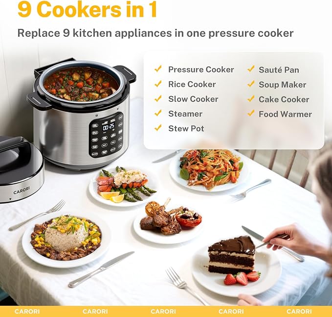 CARORI 9-in-1 Electric Pressure Cooker, 1200W Instant Multi-Cooker with IMD Touchscreen, Olla de Presion, Non-Stick Pot, Rice Cook, Slow Cook, Steamer, Sauté, Warmer, Safe Venting, Silver 8 Qt