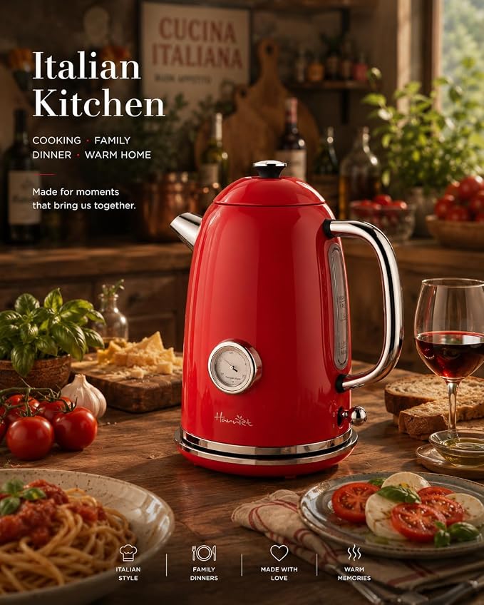 Harriet 61 oz Electric Kettle with Thermometer, Hot Water Pot, Retro | Electric Tea Kettle for Boiling Water, 1500W Stainless Steel Pot, Auto Shut-Off & Boil Dry Protection, Cordless LED Indicator