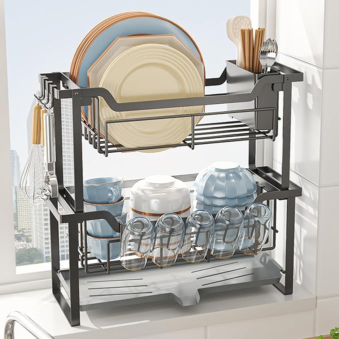 HABITLLO 2-Tier Dish Drying Rack with Drainboard, Large Capacity Dish Racks for Kitchen Counter Shelf with Utensil, Cups, Cutlery & Cutting Board (Black)