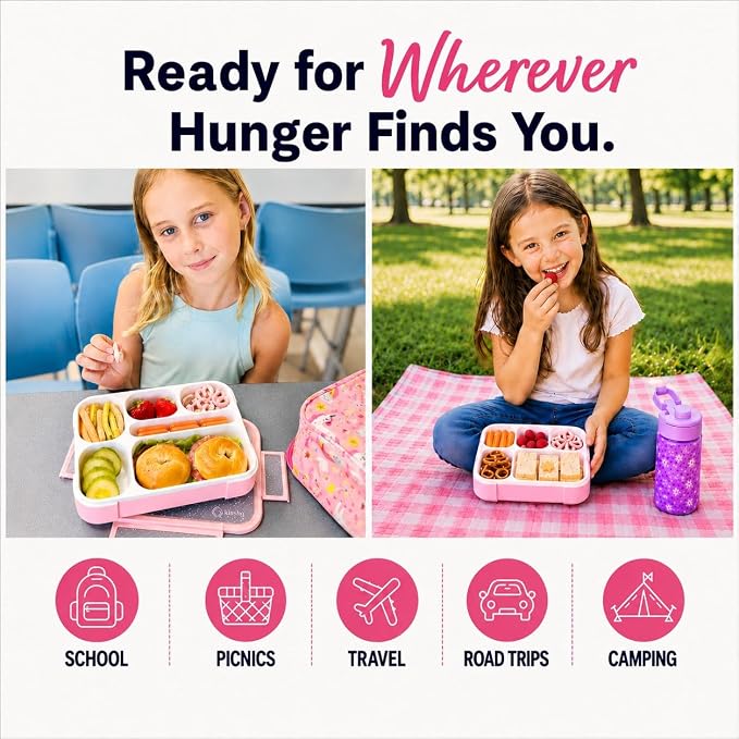 kinsho Glitter Bento Box Lunch Box for Kids Girls, Cute School Snack Meal Prep Container for Lunches, Pink