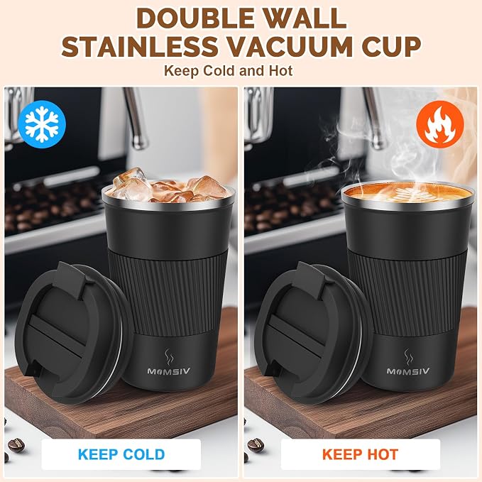 MOMSIV 12oz Travel Coffee Mug, Insulated Coffee Cup with Leakproof Lid | 6-Hour Heat Retention, 360°Leak proof, Vacuum Stainless Steel Double Walled, BPA-free, Reusable And To Go Coffee Mug