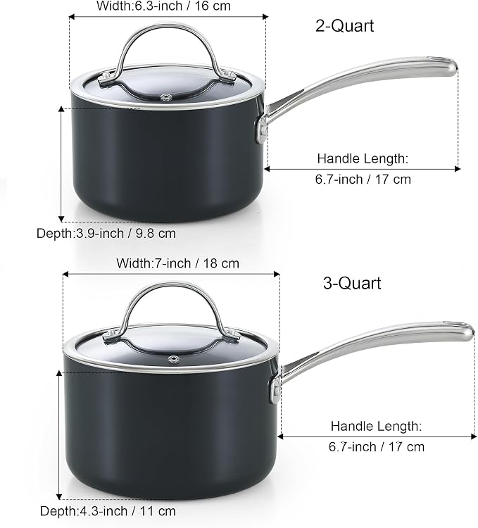 Cooks Standard Classic 2 Quart and 3 Quart Nonstick Saucepan Set with Glass Lids, Hard Anodized Non Stick Sauce Pans, Small Kitchen Cooking Sauce Pots Milk Pans, Dishwasher Safe Cookware, Black