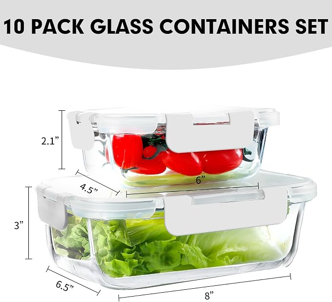 VERONES 10 PACK Glass Meal Prep Containers Set with Lids, White | Airtight & Stackable Glass Food Storage Containers Set with Lids, for Microwave, Oven, Freezer & Dishwasher Friendly