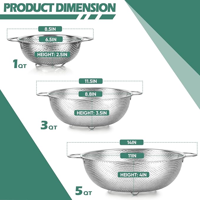 Leonyo Stainless Steel Colanders and Strainer Set, 3 Pack(1-3-5Quart) | Non-Toxic Metal Strainers and Colanders, Micro-Perforated Colander for Kitchen Draining Rinsing Steaming,Dishwasher Safe