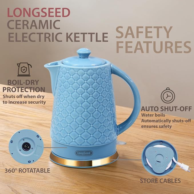 1.5L Ceramic Electric Kettle, 1200W Fast Boil Retro Tea Pot with LED Light, BPA-Free Porcelain Cordless Water Boiler, Auto Shut-Off & Boil-Dry Protection, Blue Relief Carving