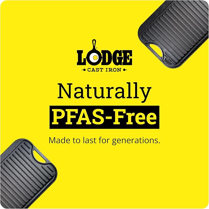 Lodge Pro-Grid Reversible Grill/Griddle - 20 Inches x 10.5 Inches - Dual-Sided Cast Iron Griddle - Double Burner Grill - Even Heat Distribution - PFAS-Free Non-Toxic Cookware