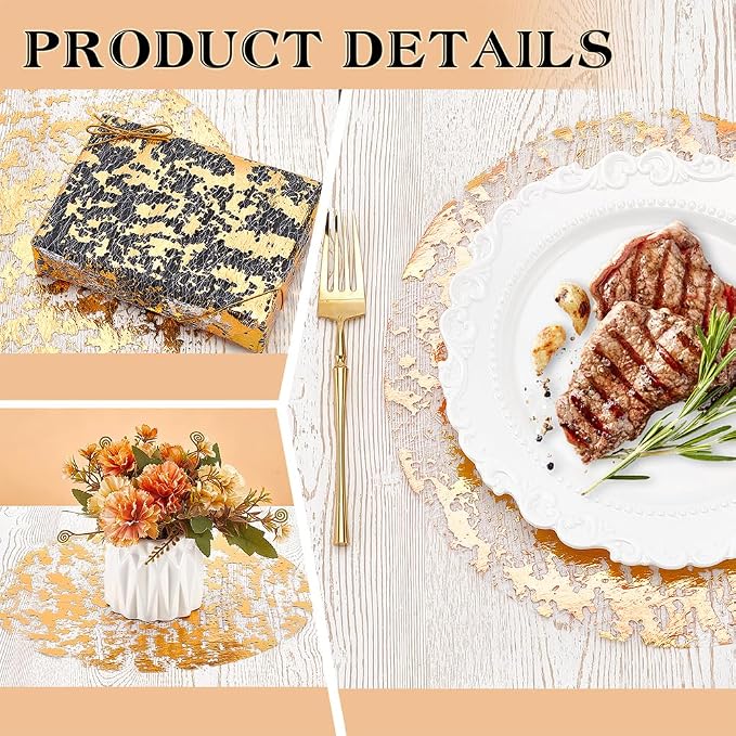 150PCS Disposable Gold Placemats Set, 13 Inch Gold Foil Table Mats Bulk, Metallic Mesh Pressed Round Doilies for Tables, Paper Placemats for Wedding Birthday Dining Party Table Home Decor
