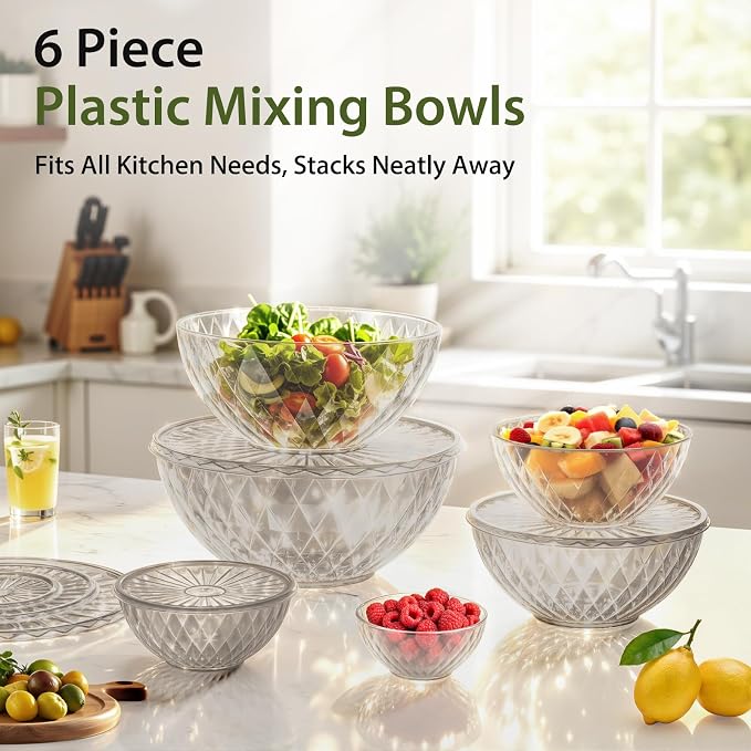 Plastic Mixing Bowls with Lids, 6 Piece Nesting Bowls Set for Kitchen | One-Press Lids, Meal Prep, Salad Mixing, Serving, Storing, Dishwasher & Microwave Safe, 5.3/3.2/1.9/1.2/ 0.6/0.3 QT