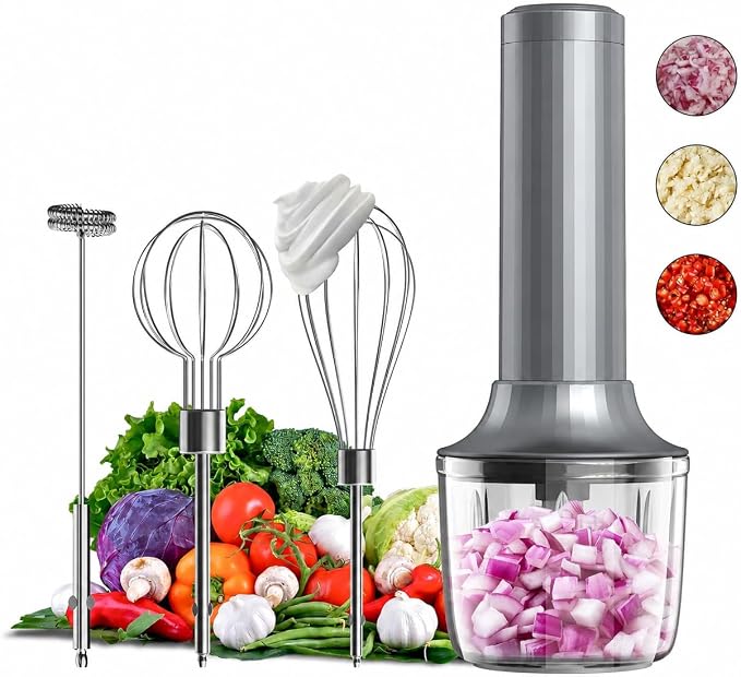 Electric Hand Mixer with Whisk, Handheld Electric Whisk, Hand Blender Set for Mini Food Processor, Rechargeable Cordless Handheld Mixer, Small Food Chopper for Dicing, Mincing, and Puree, 4-Speed,10Oz