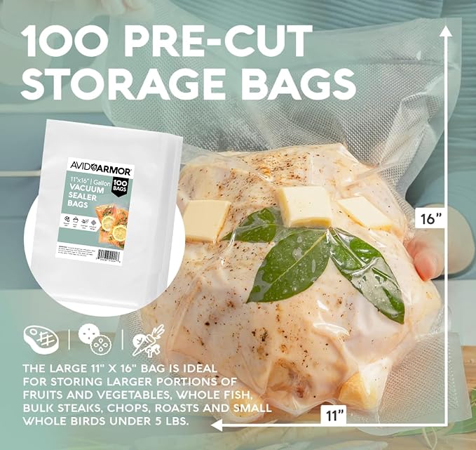 Avid Armor Food Vacuum Sealer Bags – 100-Pack, 11x16” Gallon Freezer Bags | Clear Food Storage Bags with Deep Embossed Airtight Suction – Heat Resistant, Non-BPA Meal Prep Bags with Easy Tear Notch
