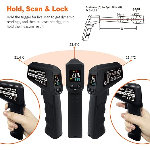 Infrared Thermometer Temperature Gun -58℉~ 1022℉ (-50℃ ~ 550℃) Non-Contact Instant-Read Digital Laser Infrared Ir Thermometer with Color Screen (Black)