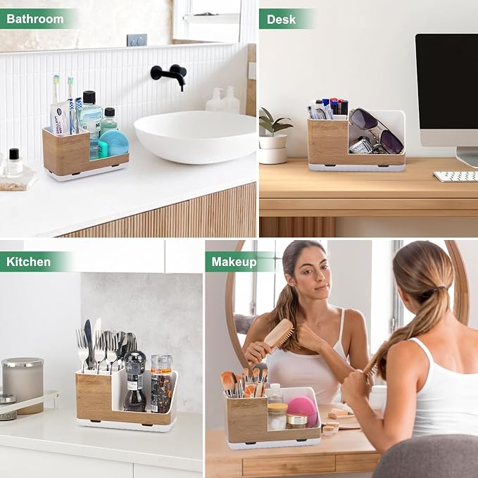 Toothbrush Holders for Bathrooms Countertop Organizer (Wood Grain) | Easy To Clean, Drainage, Non-Slip, Detachable, Kids Electric Toothbrush and Toothpaste Holder