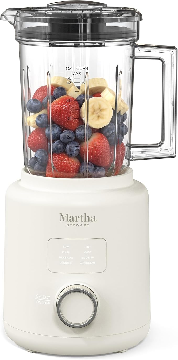 Martha Stewart 50oz Countertop Blender, 3 Speeds, 5 Presets, Linen Cream | BPA-Free Pitcher, Smoothies, Margaritas, Milkshakes & Ice Crushing, Stainless Steel Blades, Auto-Clean, Dishwasher-Safe Parts