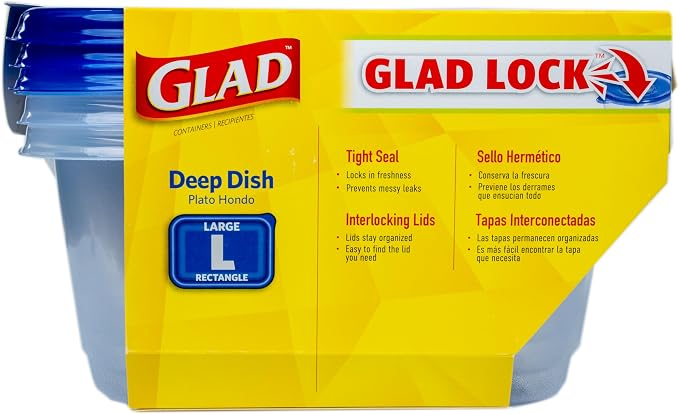 Glad GladWare Deep Dish Food Storage Containers, 64 Oz, 3 Count, 6-Pack | Lock-tight seal for soups, salads, and meal prep in a large rectangle format; microwave and dishwasher safe