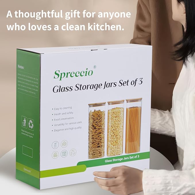 Square Glass Food Storage Jars with Lids 2.47 Qt [Set of 3], Perfect for Pasta, Cookies, Nuts, Coffee, Cereal, Flour, Organize Your Kitchen and Pantry with BPA-Free Glass Jars with Canisters