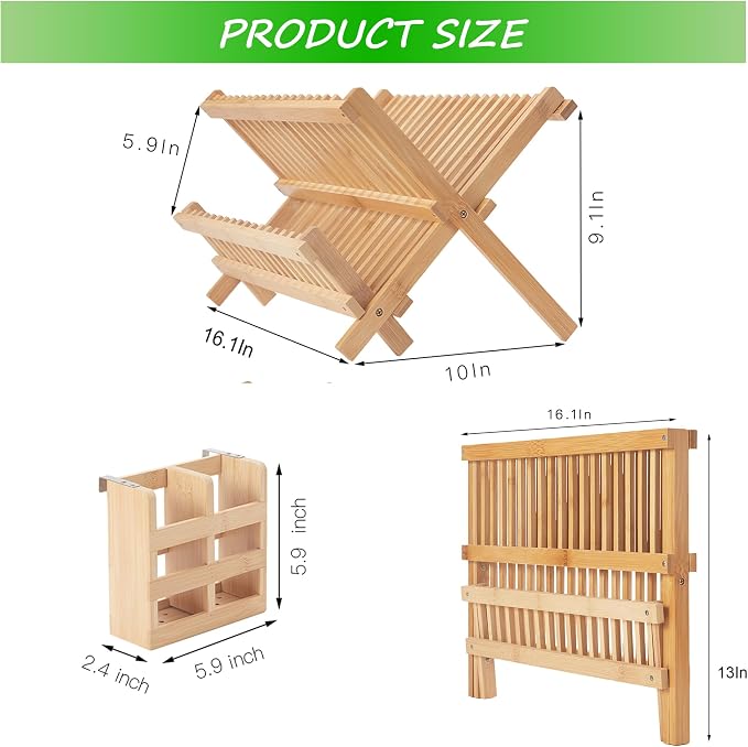 NOVAYEAH Bamboo Dish Drying Rack-2 Tier, Collapsible Small Dish Rack with Utensil Holder, Wooden Drying Rack for Kitchen Counter, Apartment Essentials Kitchen Plate Holder Organization 34 pcs Grid