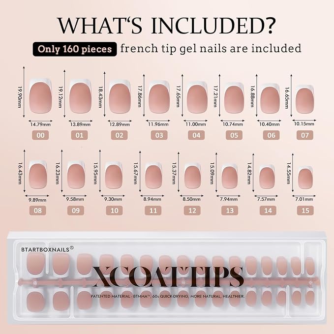 BTArtboxnails XCOATTIPS White French Tip Press On Nails, Short Square, Brown | Lamp-Curable 4-Week Wear, Salon Quality Value at Home, Natural Nail Look, Easy-to-Apply for Beginners, 160ct Nail Tips Only